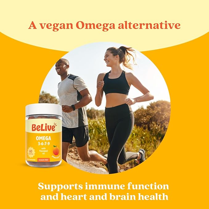 BeLive Organic Omega 3 Gummies - 60 Ct I Vegan Omegas 3 6 7 & 9 from Flaxseed Oil & Sea Buckthorn Fruit Oil, for Kids & Adults, Full Body, Brain & Eye Support, Sugar Free – Peach Flavor