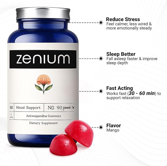 Zenium - Ashwagandha High Potency Gummies of KSM 66 | Mango Flavored | Relieve, Tension, Worry, Nervousness, & Irritability | Calm The Mind & Body | Ayurvedic | Natural Relief Supplement | 60 Count