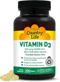 Country Life Vitamin D3 5000 IU for Immune and Bone Health, Calcium Absorption, and Colon Health - Sustainable Source from Lanolin, Available in Various Strengths