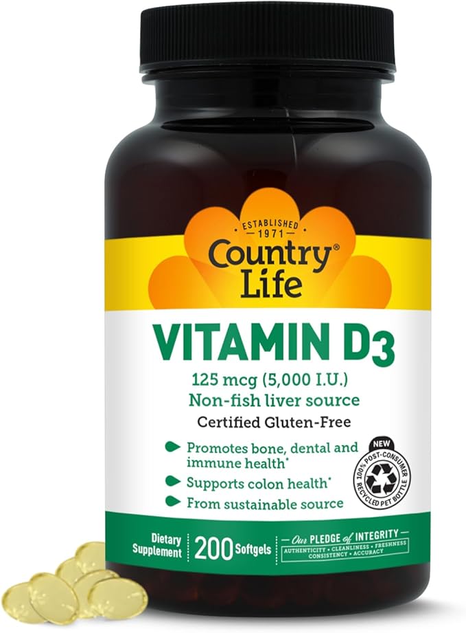Country Life Vitamin D3 5000 IU for Immune and Bone Health, Calcium Absorption, and Colon Health - Sustainable Source from Lanolin, Available in Various Strengths