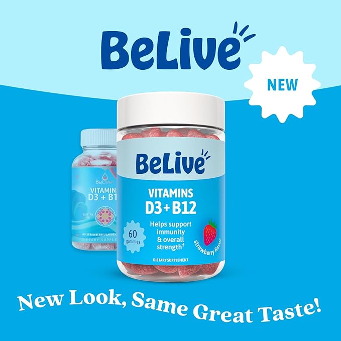 BeLive Vitamin D3 Gummies with B12 Vitamins - Immune Support Gummies with Vegan Vitamin B12 & D3, Provides Enhanced Bone & Muscle Strength, Hearth Health and Energy - Strawberry Flavor | 5-Pack