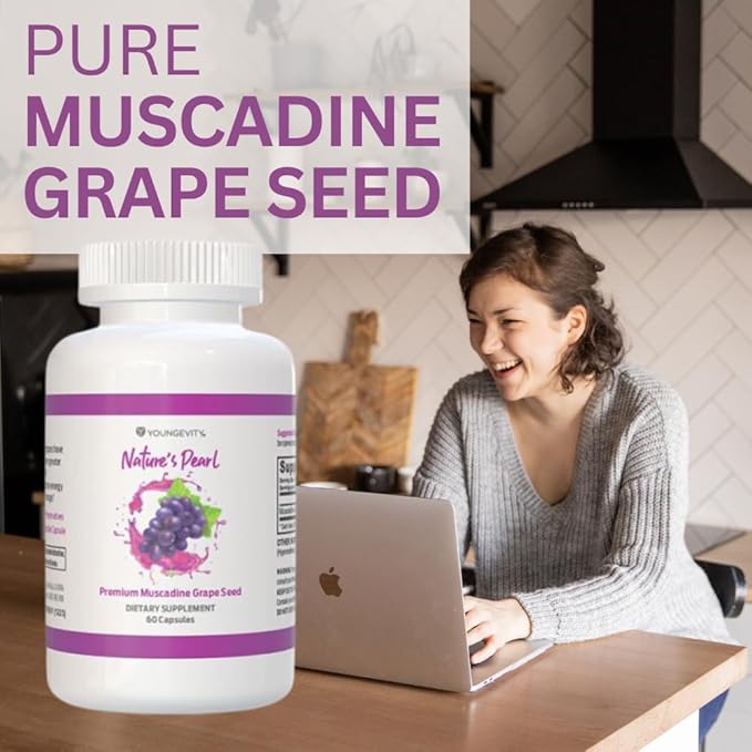 Youngevity Premium Muscadine Grape Seed - 650 mg - Nature's Pearl Antioxidant Superfood - Rich in Resveratrol, Ellagic-Acid, Quercetin, Anthocyandins, and More - 60 Servings