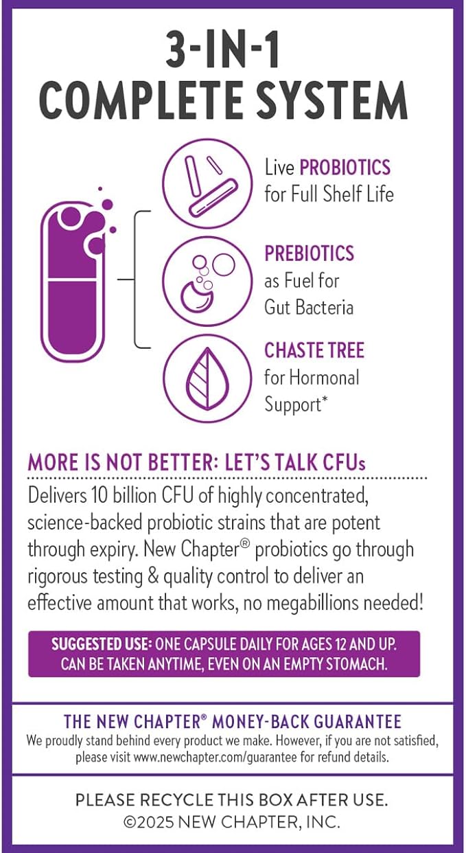 New Chapter Probiotics for Women - 60 ct (2 Month Supply), Women's Daily Probiotic with Prebiotics and Probiotics for Vaginal Health & Chaste Tree for Hormonal Support, 100% Vegetarian, Non-GMO