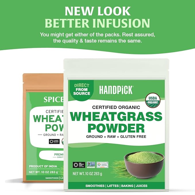 HANDPICK USDA Organic Wheatgrass Powder (10oz) Rich Green Powder - Lab Tested | 100% Whole Leaf | Gluten Free, Non-GMO | No Sugar, No Artificial Ingredients | Resealable Ziplock Pouch