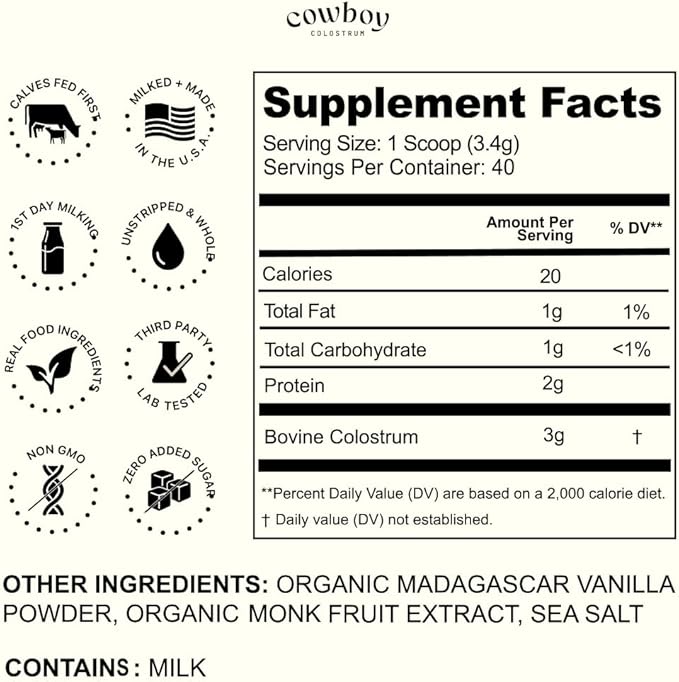 Cowboy - The Exclusive 1st Milking, Whole, Grass Fed Colostrum Supplement for Full Body Health - Bovine Colostrum Powder Packed w/Bioactive Nutrients - Sugar Free (Vanilla, 40 Servings)