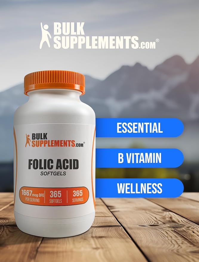 BulkSupplements.com Folic Acid Softgels - Vitamin B9, Folic Acid 1000 mcg, Folate Supplement - Gluten Free, 1 Softgel per Serving, 365 Count (Pack of 1)