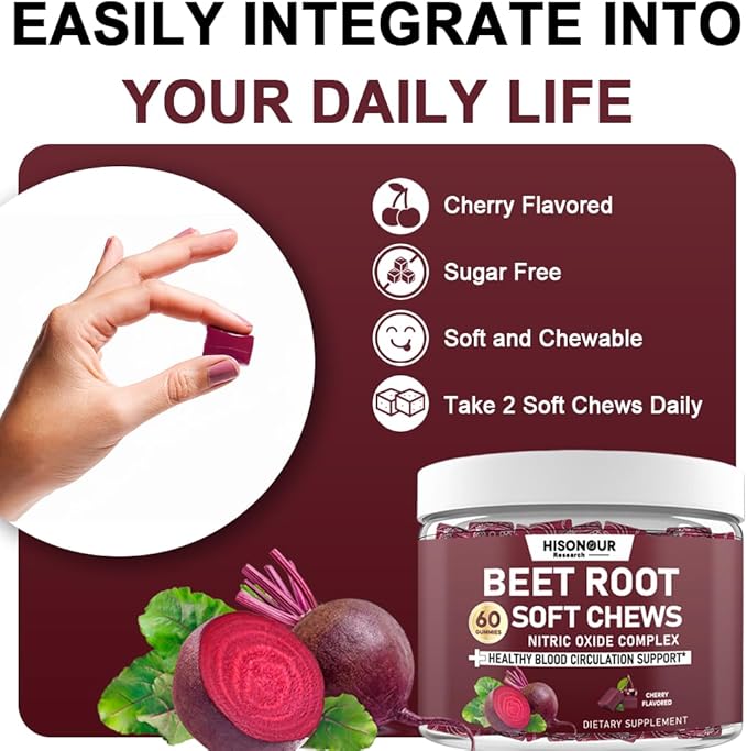 Beetroot Chews, Beet Root Soft Chews with Grape Seed, Pomegranate, Black Pepper, Vitamin C, B12, Nitric Oxide Supplement for Men & Women, Cherry Flavor, Sugar Free, 60 Chews
