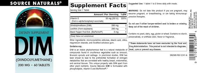 Source Naturals DIM, Diindolylmethane 200mg with BioPerine, Vitamin E & More - 60 Tablets