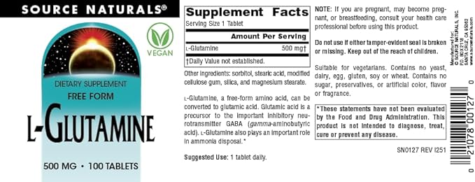 Source Naturals Free Form L-Glutamine - 500mg - 100 Tablets