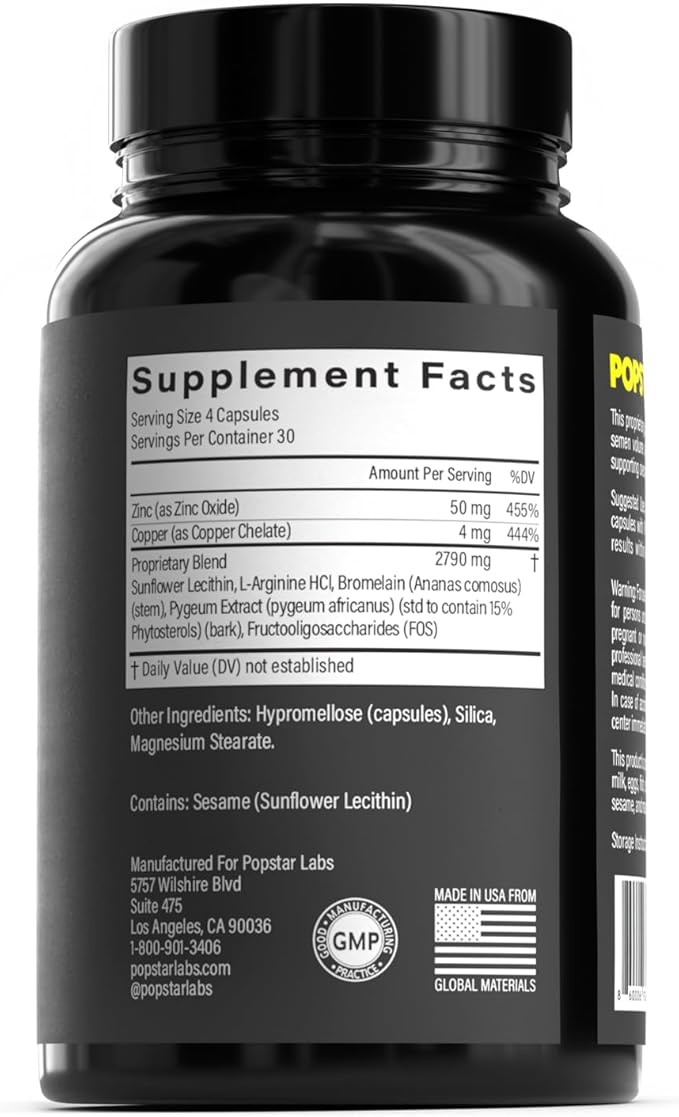 POPSTAR Labs Semen Volume Booster - Men's Semen Health & Fertility Supplement - Doctor Formulated to Increase Load Volume - Made in USA - Non-GMO, Organic, Vegan - 240 Capsules - (2 Month Supply)
