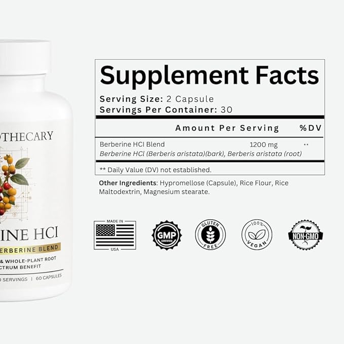 Berberine HCl 1200mg Supplement - Dual Source Bark & Root Extract - Berberis Aristata - USA Grown Botanical Extract - Vegan Non-GMO Gluten-Free Capsules - 60 Count