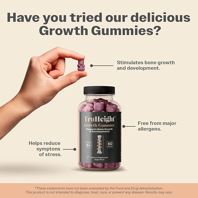 TruHeight Growth Gummies (Grape) Tall Nutrition for Natural Growth Supplement for Kids & Teens - Vitamin D, K, Calcium & Ashwagandha, Bone Strength Vitamins D3 K2, Picky Eater, Taller Ages 5+