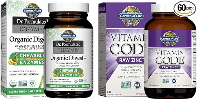Garden of Life Dr Formulated Digestive Enzymes with Papain, Bromelain & Zinc Supplements 30mg High Potency Raw Zinc and Vitamin C Multimineral Supplement
