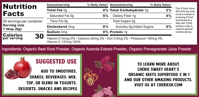 Cherie Sweet Heart USDA Organic Beets Superfood Powder, 3-in-1 Nitric Oxide, Support Healthy Blood Pressure and Blood Circulation, 283g (10 oz, Beets Superfood)