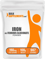 BulkSupplements.com Ferrous Gluconate Powder - Essential Mineral for Energy, Iron 18mg - Iron Supplements, Gluten Free, 150mg per Serving, 100g (3.5 oz) (Pack of 1)