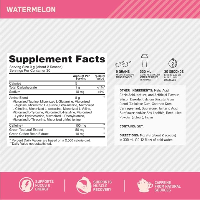 Optimum Nutrition Amino Energy - Pre Workout with Green Tea, BCAA, Amino Acids, Keto Friendly, Green Coffee Extract, Energy Powder - Watermelon, 65 Servings (Packaging May Vary) (Pack of 6)