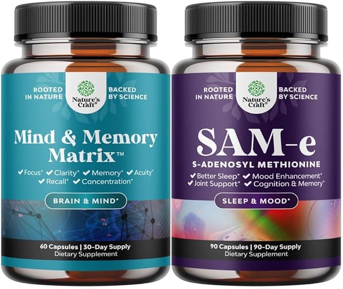 Bundle of Nootropic Brain Supplement - Mental Health & Clarity with VIT A B6 Riboflavin Niacin Thiamin Folate and Pure SAM E Supplement 150mg Per Serving Natural S-adenosylmethionine for Mood Balance