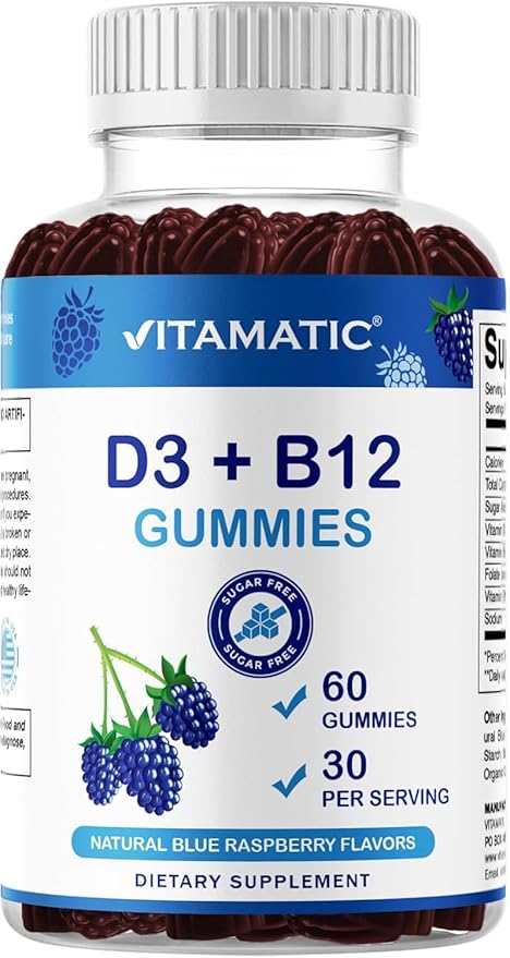 Vitamatic Vitamin D3 + B12 Gummies Made with Folate & Vitamin B6 - Natural Blue Raspberry Flavor – 60 Gummies – Made in the USA