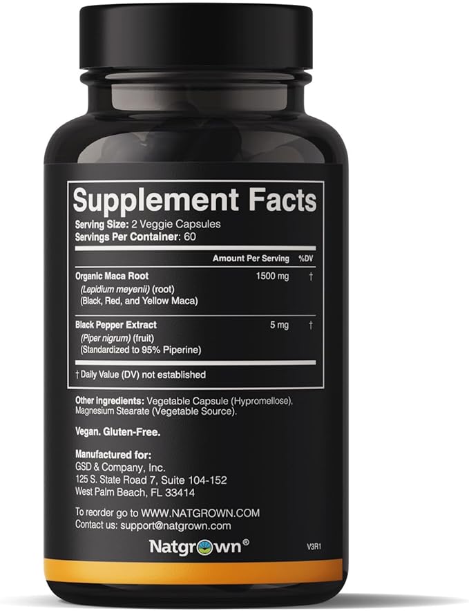 Natgrown Organic Maca Root Powder Capsules - Black, Red & Yellow - 1500 mg per Serving - Gelatinized Peruvian Maca Supplement - Non-GMO, Gluten-Free, Vegan - (120 Count)