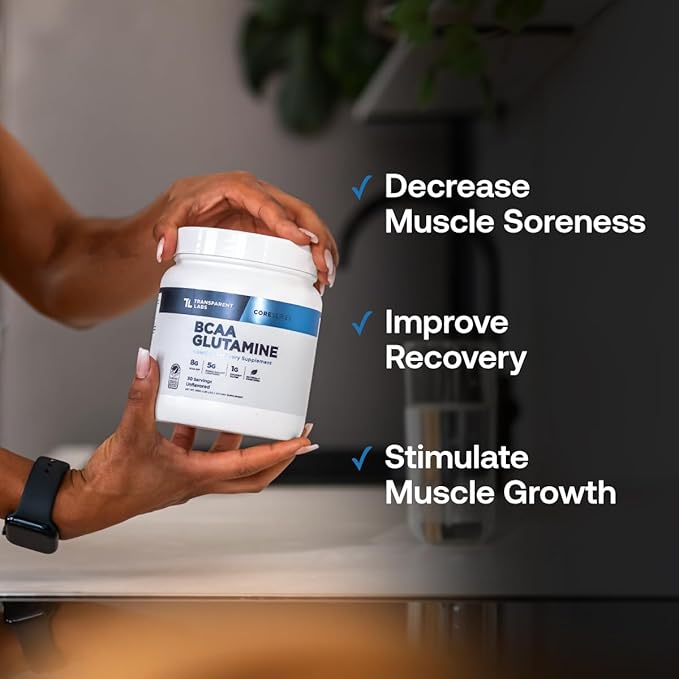 Transparent Labs BCAA Glutamine - 8000 Mg of BCAA Powder with L Glutamine for Post Workout Recovery, Muscle Growth, & Increased Endurance - 30 Servings, Strawberry Lemonade