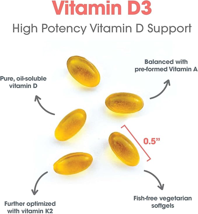 Allergy Research Group Vitamin D3 Complete 5000 - Delivers 125 mcg Vitamin D3 - with Vitamin A & K2 - Supports Bone Strength, Immune Balance & Healthy Mindset - 120 Servings - 120 Capsules