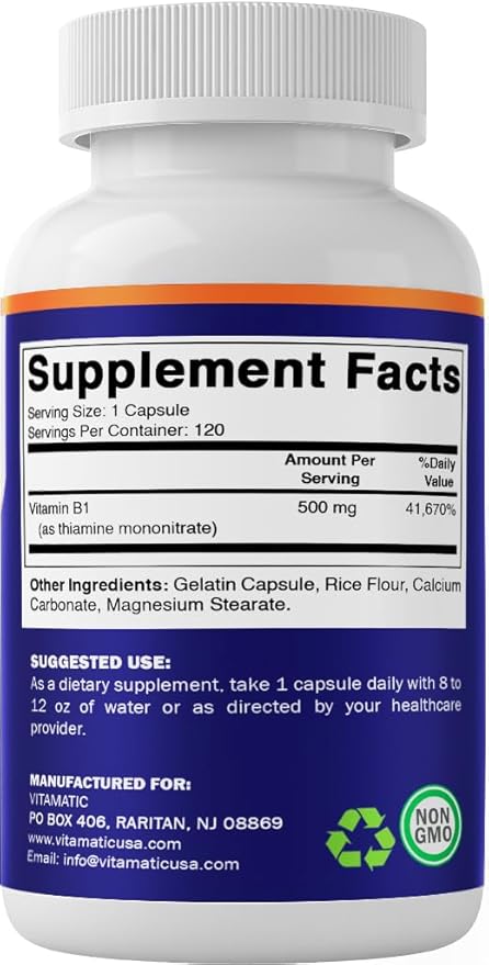 Vitamatic Vitamin B1 (Thiamine) 500mg, 120 Capsules