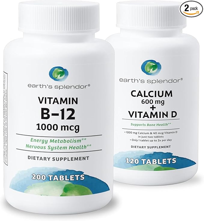 Earth's Splendor Energy + Bone Support Energy Bundle: Vitamin B12 & Calcium+Vitamin D, Gluten Free, No Artificial Flavors or Colors, Helps Energy Metabolism
