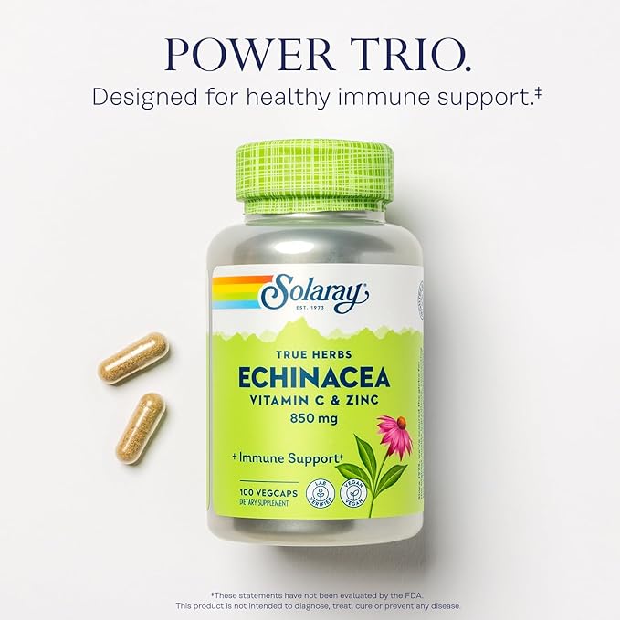 SOLARAY Echinacea Vitamin C and Zinc Wellness Formula - Immune Support Supplement - Echinacea Capsules with Vitamin C 500mg Plus Bioflavonoids, Vegan, 60-Day Guarantee, 50 Servings, 100 VegCaps