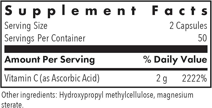 Allergy Research Group ARG Pure Vitamin C - 2 g Ascorbic Acid - Antioxidant & Immune System Support - Unbuffered Supplement - Hypoallergenic - 50 Servings - 100 Capsules