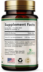 Vitamin B12 - 1000 mcg Per Serving Maximum Strength Methylcobalamin B-12 Chewable Tablet - Energy, Nervous System & Brain Support - Fast Dissolve, Gluten-Free, Non-GMO for Women & Men - 60 Tablets