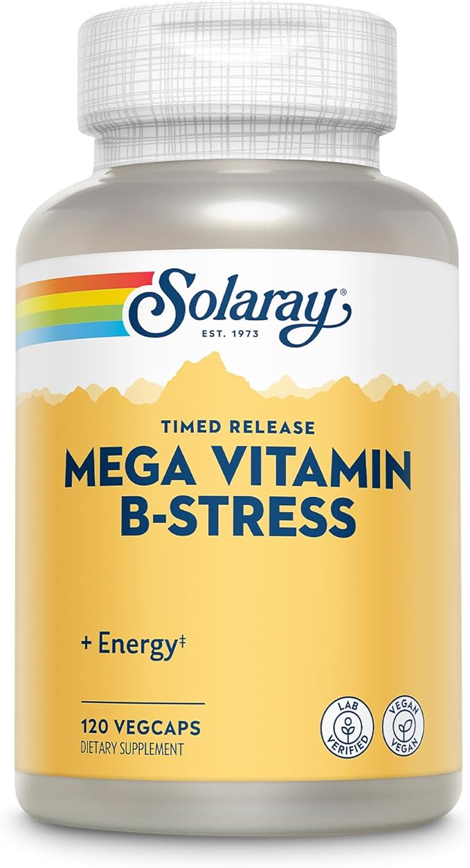 SOLARAY Mega Vitamin B-Stress, Timed-Release Vitamin B Complex with 1000 mg of Vitamin C for Stress, Energy, Red Blood Cell & Immune Support, 60 Day Guarantee, Vegan, 40 Servings, 120 VegCaps