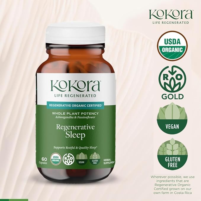 Regenerative Sleep - Regenerative Organic Certified - Supports Restful, Quality Sleep, Relaxation* - Adaptogen Blend w/Lemon Balm & Passionflower - Vegan & Non-GMO - 60 Capsules - 30 Servings
