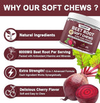 Beetroot Chews, Beet Root Soft Chews with Grape Seed, Pomegranate, Black Pepper, Vitamin C, B12, Nitric Oxide Supplement for Men & Women, Cherry Flavor, Sugar Free, 60 Chews