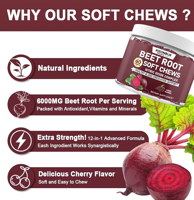 Beetroot Chews, Beet Root Soft Chews with Grape Seed, Pomegranate, Black Pepper, Vitamin C, B12, Nitric Oxide Supplement for Men & Women, Cherry Flavor, Sugar Free, 60 Chews