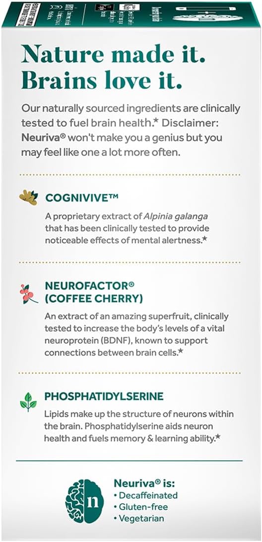 NEURIVA Ultra Decaf Clinically Tested Nootropic Brain Supplement for Mental Alertness, Memory, Focus & Concentration, Cognivive, Neurofactor, Phosphatidylserine, Vitamin B6 B12, 60 Caps (2 Pack)