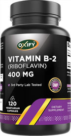 Oxify Vitamin B-2 (Riboflavin) 400 mg | 120 Vegetarian Capsules | Gluten-Free, Non-GMO | Supplement Made in USA