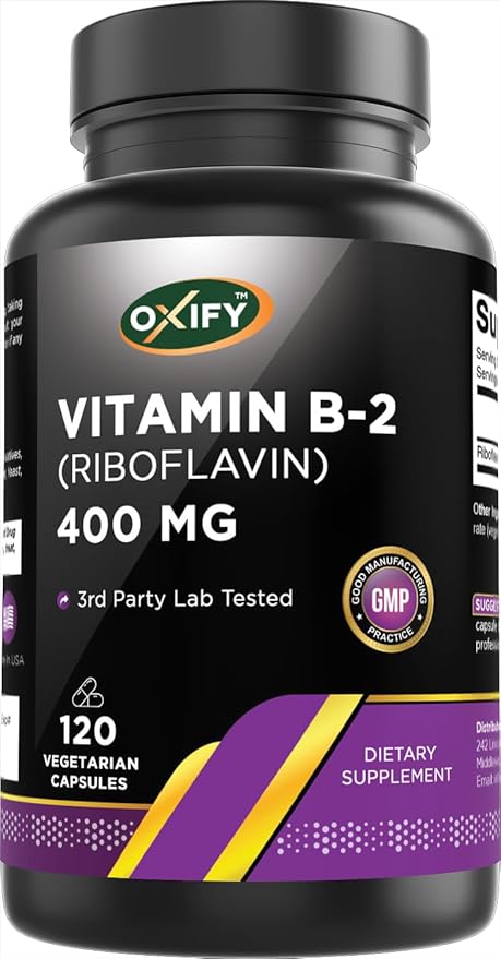 Oxify Vitamin B-2 (Riboflavin) 400 mg | 120 Vegetarian Capsules | Gluten-Free, Non-GMO | Supplement Made in USA