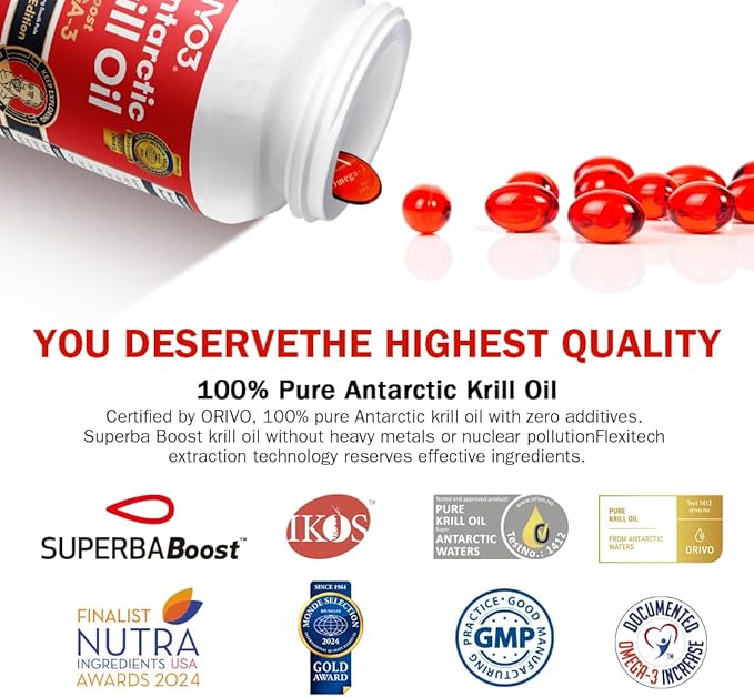 NYO3 Krill Oil 1000mg Omega 3 Supplement, 56% Phospholipids for 98% Absorption, Antarctic Superba Boost Krill Oil, High EPA & DHA for Heart Brain Blood Lipid Health, No Fishy Burps, 60 Softgels