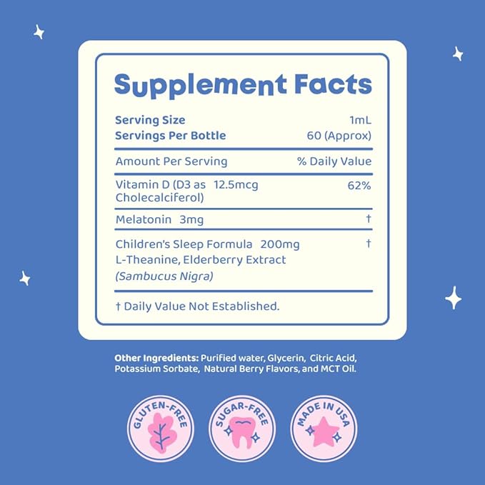 JoySpring Sleepberry Kids Melatonin 3 mg – Liquid Sleep Aid with L Theanine, High Absorption Berry Drops (2 fl oz) 60 Servings, Children's Melatonin with Vitamin D Kids Travel Essentials