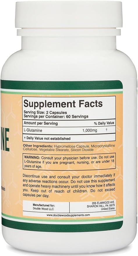 L Glutamine Capsules - No Fillers (1000mg Servings, 120 Capsules) Non-GMO, Gluten Free, Keto Safe, Vegan Friendly, Third Party Tested (for Endurance and Gut Health) by Double Wood (Pack of 2)