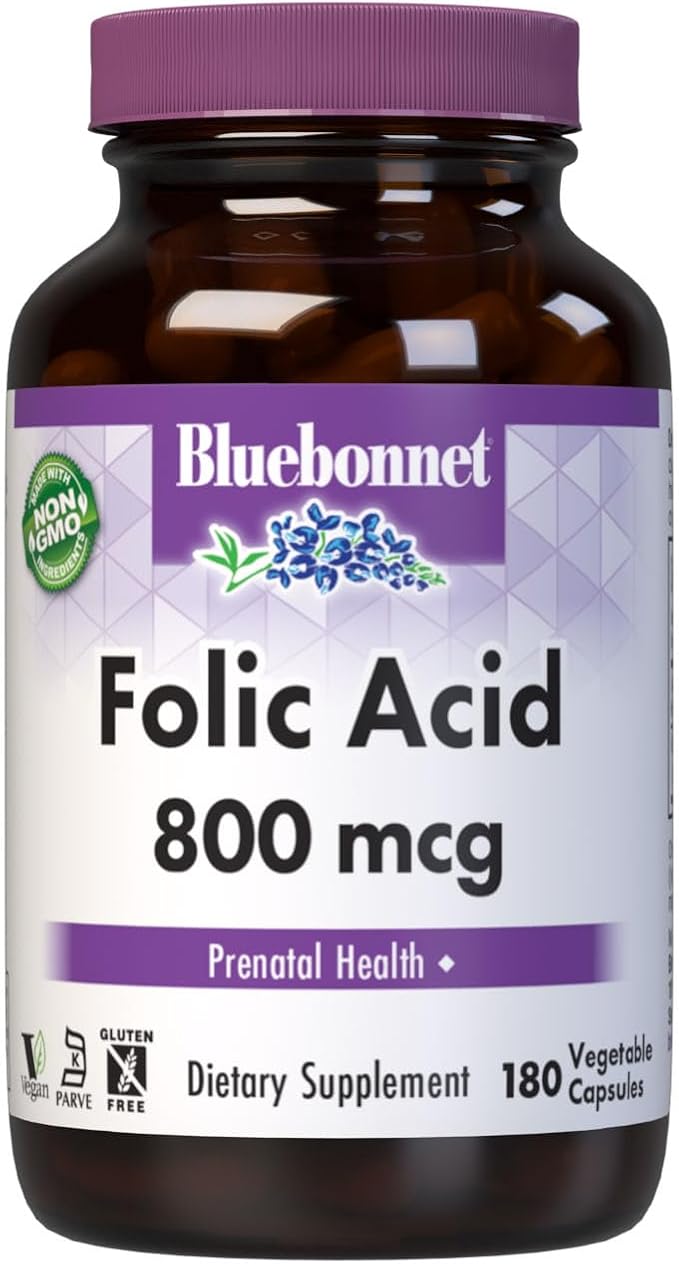 Bluebonnet Nutrition Folic Acid 800mcg, Healthy Neurological Development, Soy, Dairy & Gluten Free, Non-GMO, Kosher Certified, Vegan, Vegetable Capsules, 180 Count