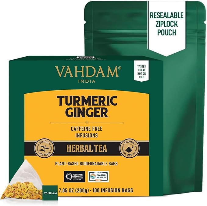 VAHDAM Organic Turmeric Ginger Herbal Tea Bags (100 Pyramid Tea Bags) Caffeine Free, Non GMO | 100% Pure Herbal Blend - Savory & Spicy, Plant-Based Teabags | Resealable Ziplock Pouch
