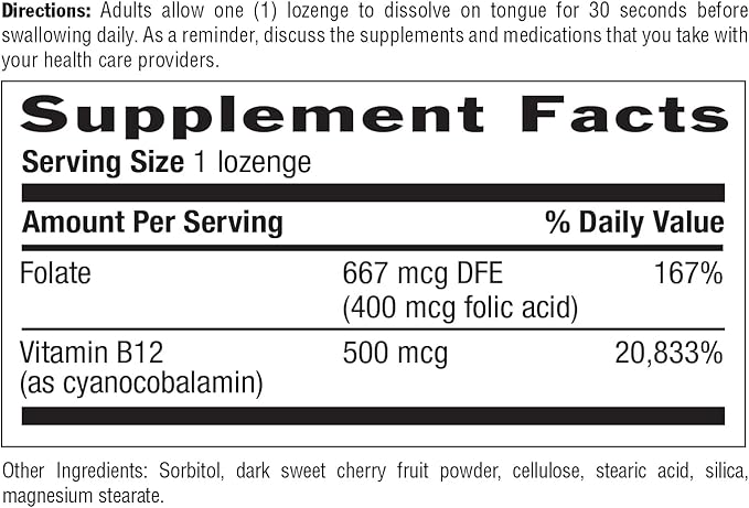 Country Life Vitamin B12 with Folate, Supports Energy & Red Blood Cell Production, 500mcg, 100 Lozenges, Certified Gluten Free, Vegan, Halal, Non-GMO Verified