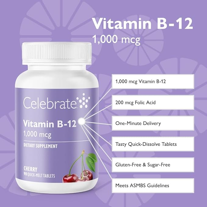 Celebrate Vitamins B-12 Quick Melt 1000 mcg with Folic Acid – 90 Tablets for Energy & Metabolism Support