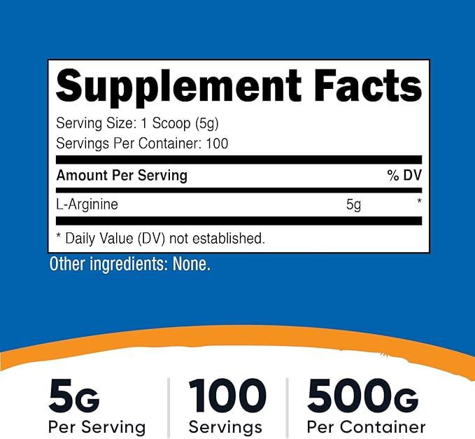 Nutricost L-Arginine Powder 500 Grams (1.1lbs) - Pure L-Arginine Powder - 5000mg Per Serving; 100 Servings