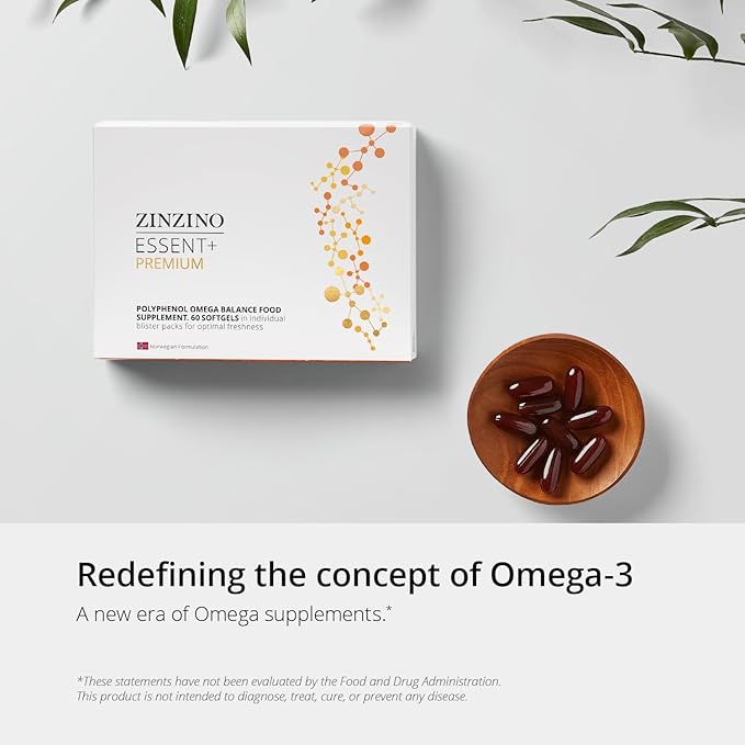 Zinzino - Essent+ Premium, Advanced Polyphenol Omega Balance with Fish Oil, Glycerin, Cold-Pressed Extra Virgin Olive Oil, Vitamin D - 60 Softgels