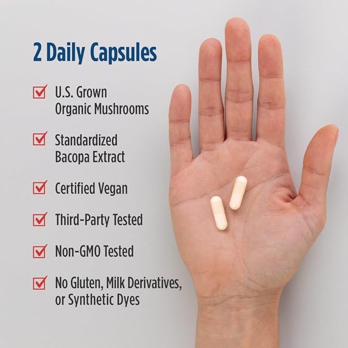 Nordic Naturals Cognition Mushroom Complex, Unflavored - 60 Capsules - Brain, Memory & Mood Support - Blend of Lion’s Mane Mushroom & Bacopa Extract - Non-GMO - Certified Vegan - 30 Servings