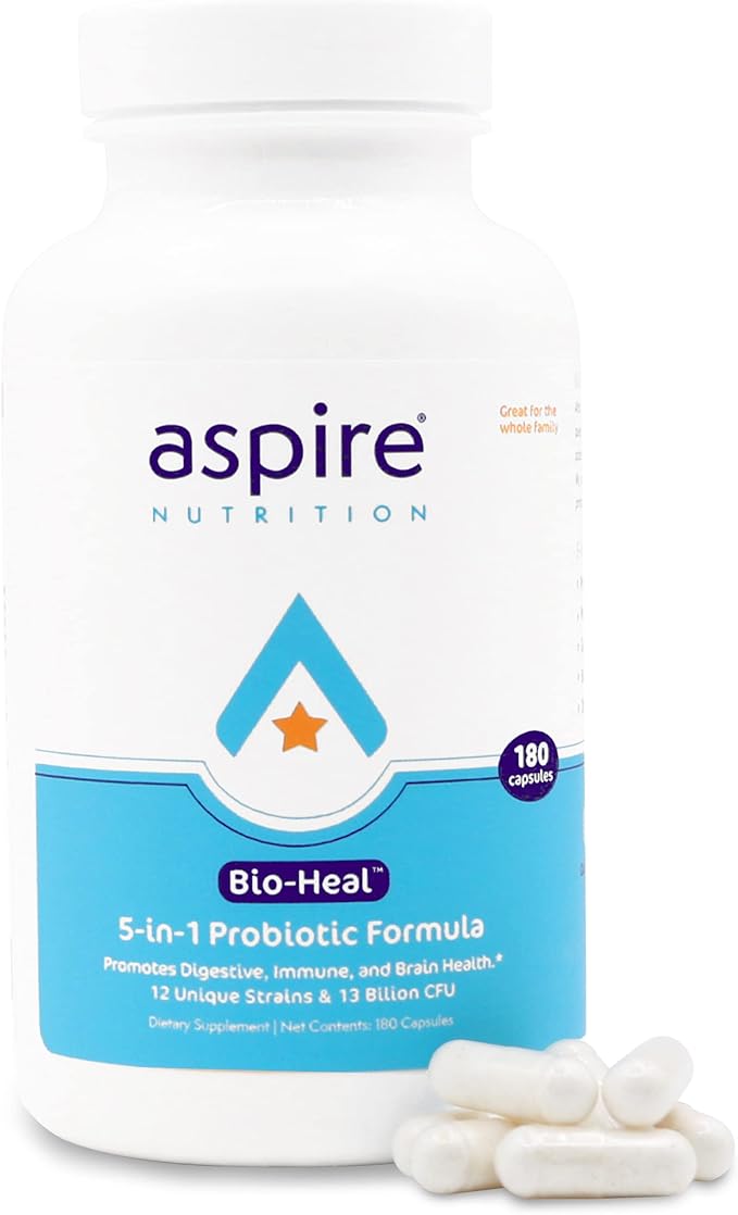 Aspire Nutrition 5-in-1 Bio-Heal® Probiotic for Kids, Men & Women - Best Supplement for Brain Function, Gut Health & Constipation - Shelf Stable & Fortified with Vitamin, Mineral & Prebiotics Capsules