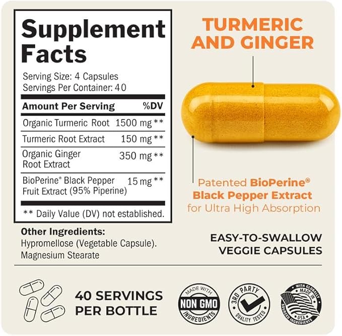 Turmeric and Ginger Supplement with BioPerine - Turmeric Curcumin with Black Pepper & Organic Ginger for Enhanced Absorption for Digestion Knee & Joint Support - Vegan & Non-GMO (40 Servings)