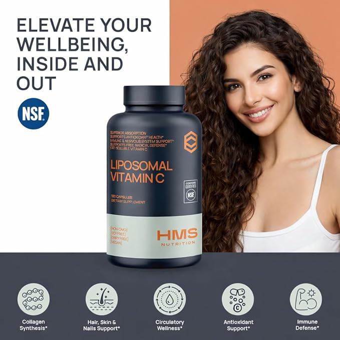 Liposomal Vitamin C 1600 mg — Fat‑Soluble, High‑Absorption Liposomal C Capsules for Immune & Skin Support | NSF‑Certified, Non‑GMO, Gluten‑Free | 180 Capsules (90‑Day Supply)